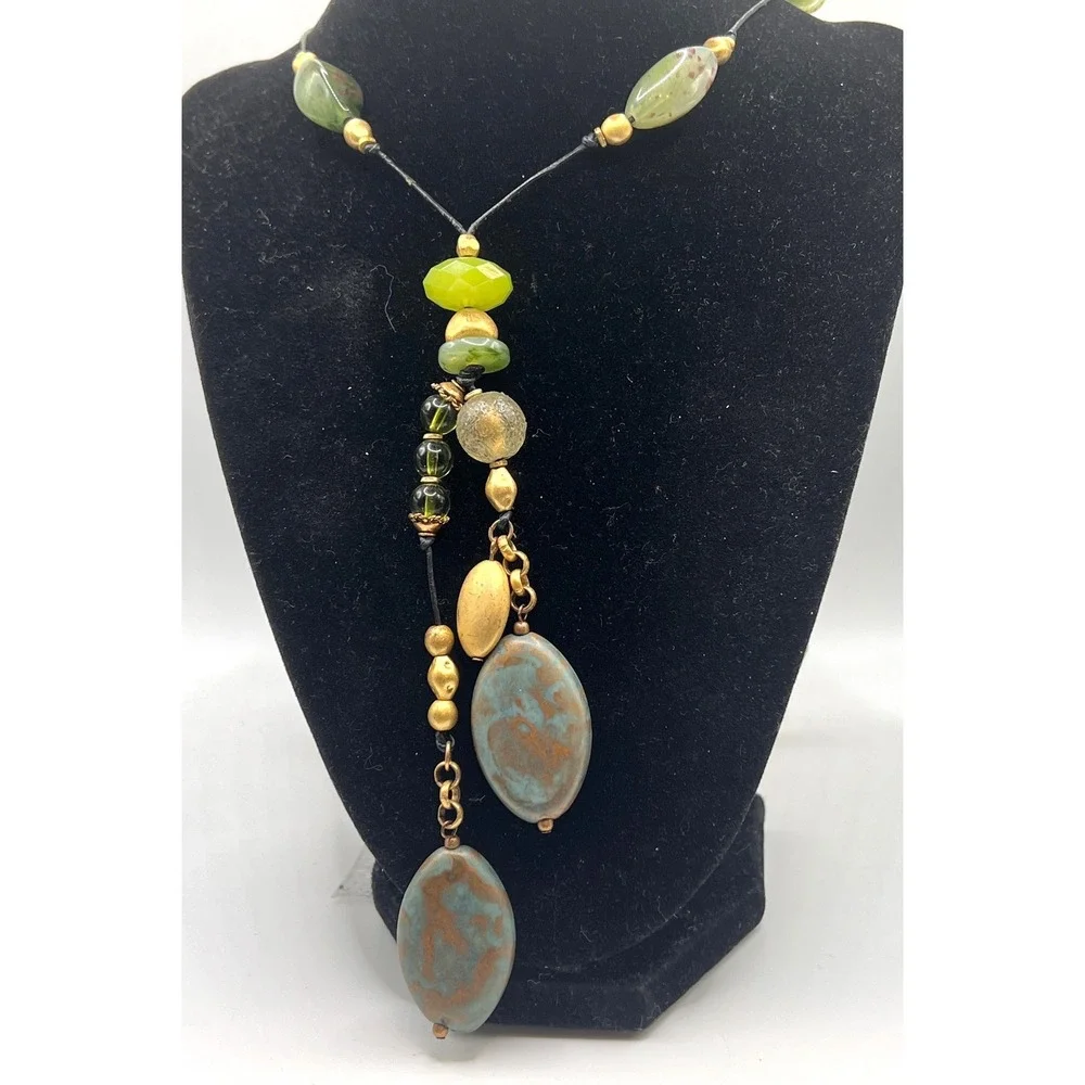 Chico's Green Stone Drop Necklace Boho Artisan 28